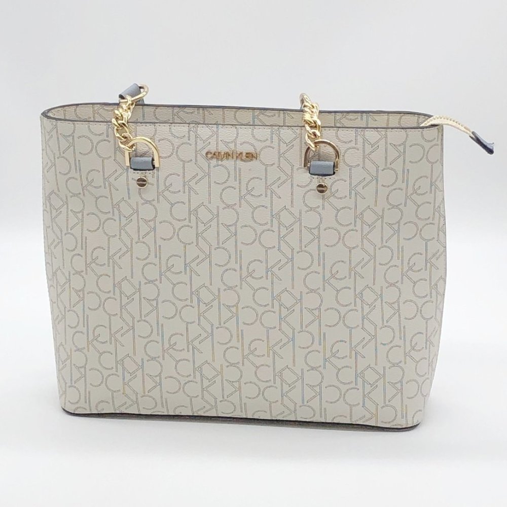 Calvin Klein monogram cream and pale blue Twilight tote purse handbag - Picture 13 of 14